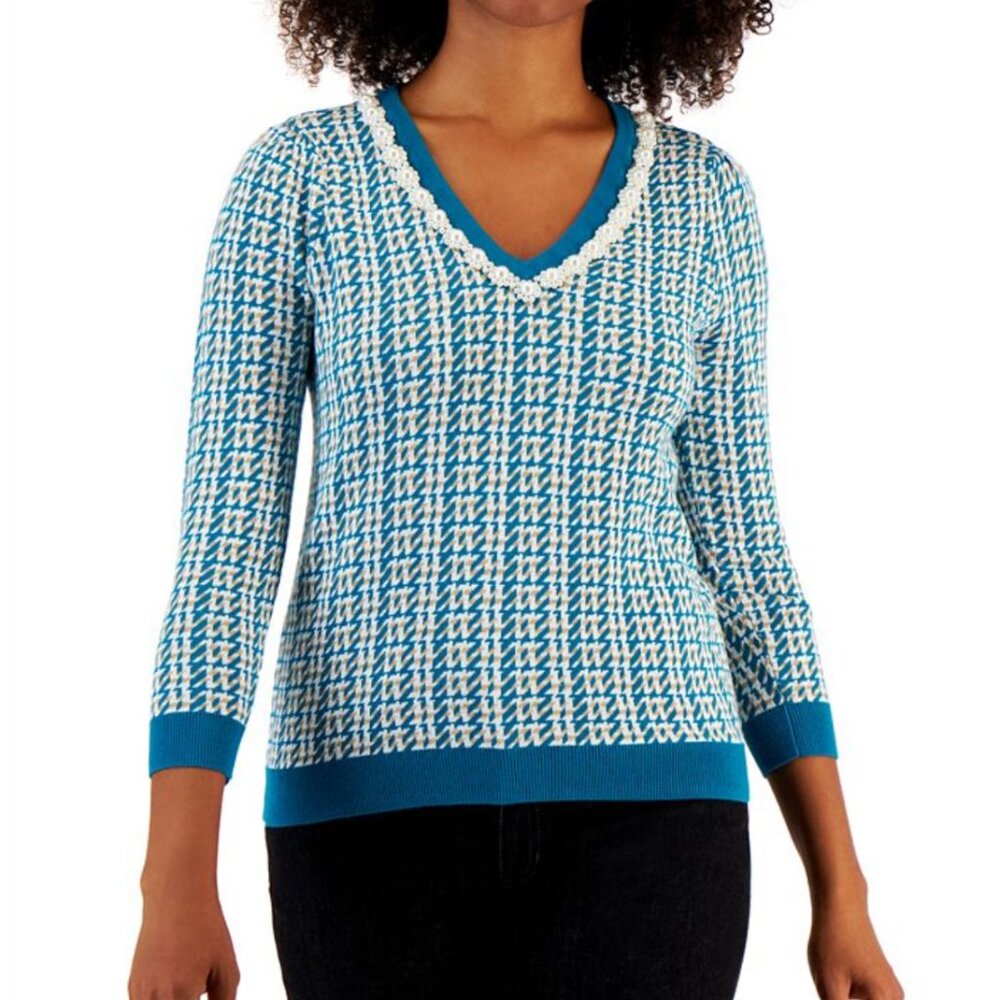 Brand NEW! Charter Club V-Neck Sweater Embellish Collar Teal Small V-Neck $79.5